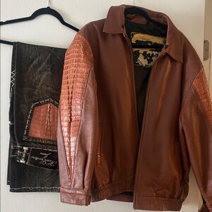 Men's Brown Leather Bomber Jacket and matching jeans